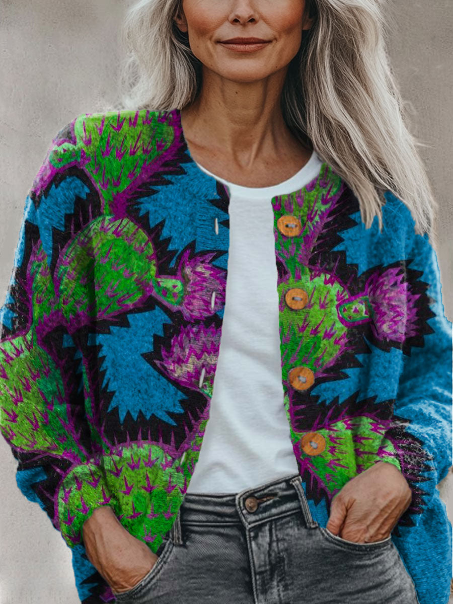 Pflanzen Kaktus Multicolor Druck Knopf Cardigan Pullover