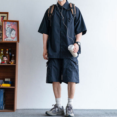 Japanische funktionale große Taschenhemd lässige lockere Overalls Zweiteiliges Set