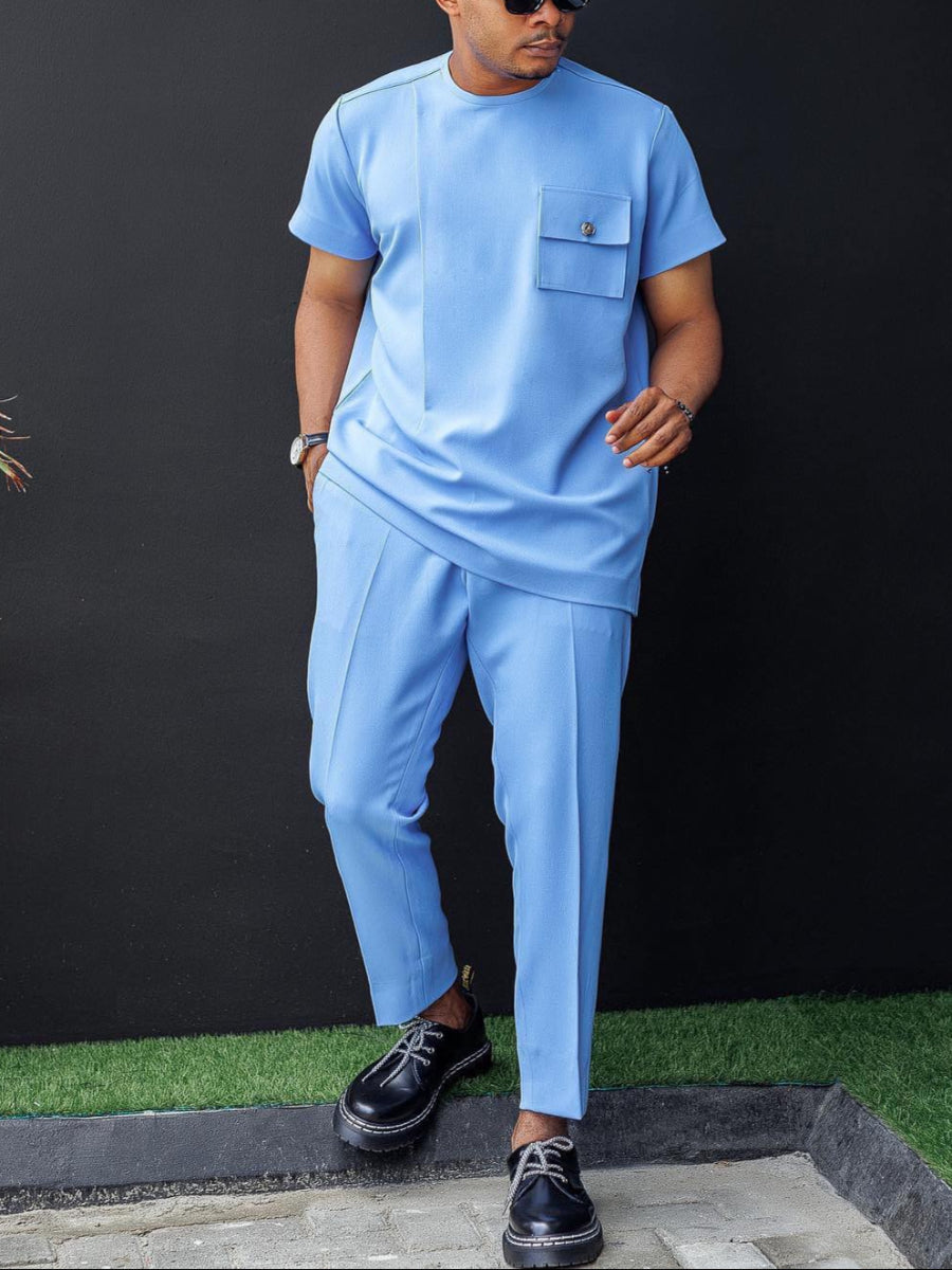 Plus Size Blau Kurzarm Herren Set