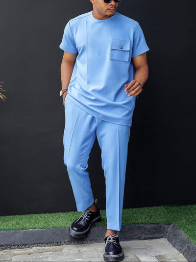 Plus Size Blau Kurzarm Herren Set