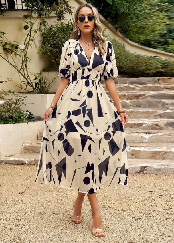 Damen Figurbetonendes Blumenkleid | Midi-Länge