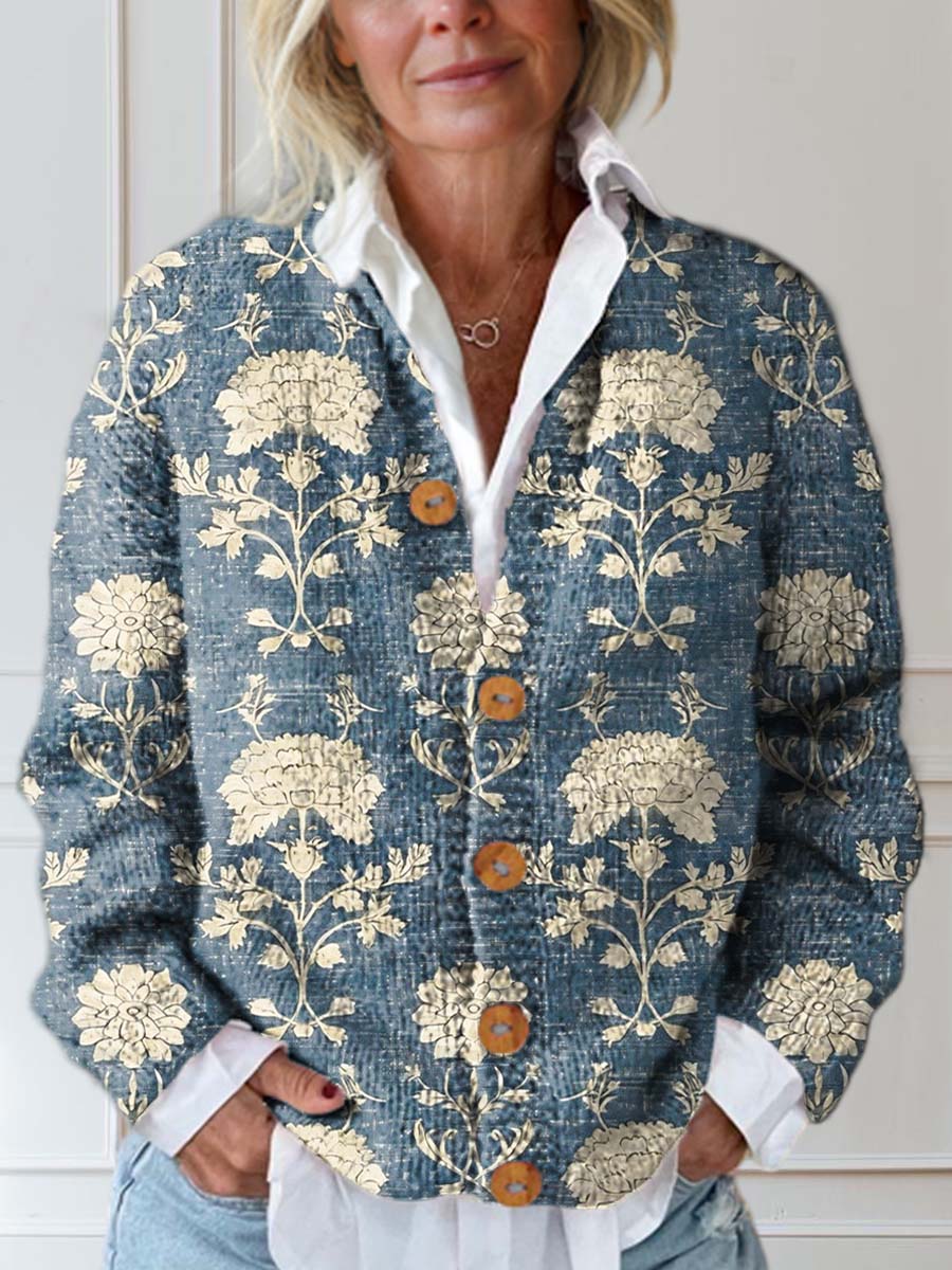 Damen Vintage Floral Art Print Knopf-Cardigan Pullover