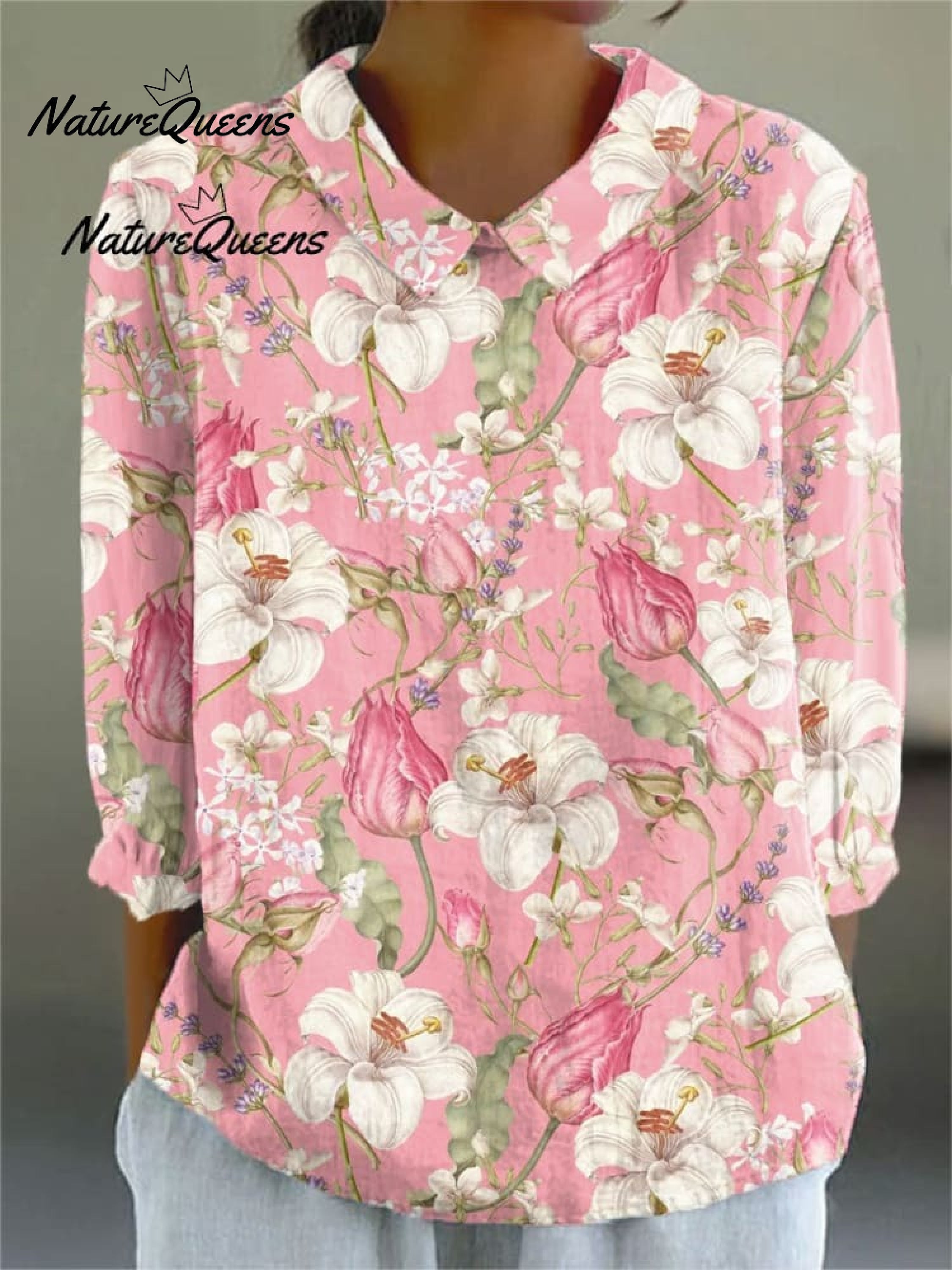 Damen Vintage Floral Kunst Druck Lässiges Leinen V-Ausschnitt Shirt