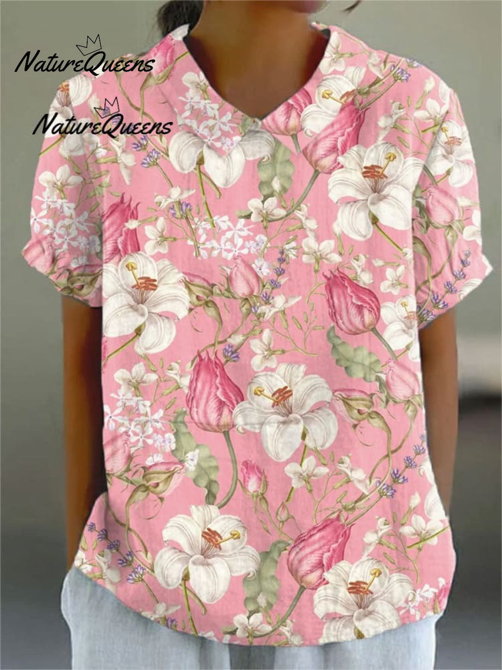 Damen Vintage Floral Kunst Druck Lässiges Leinen V-Ausschnitt Shirt