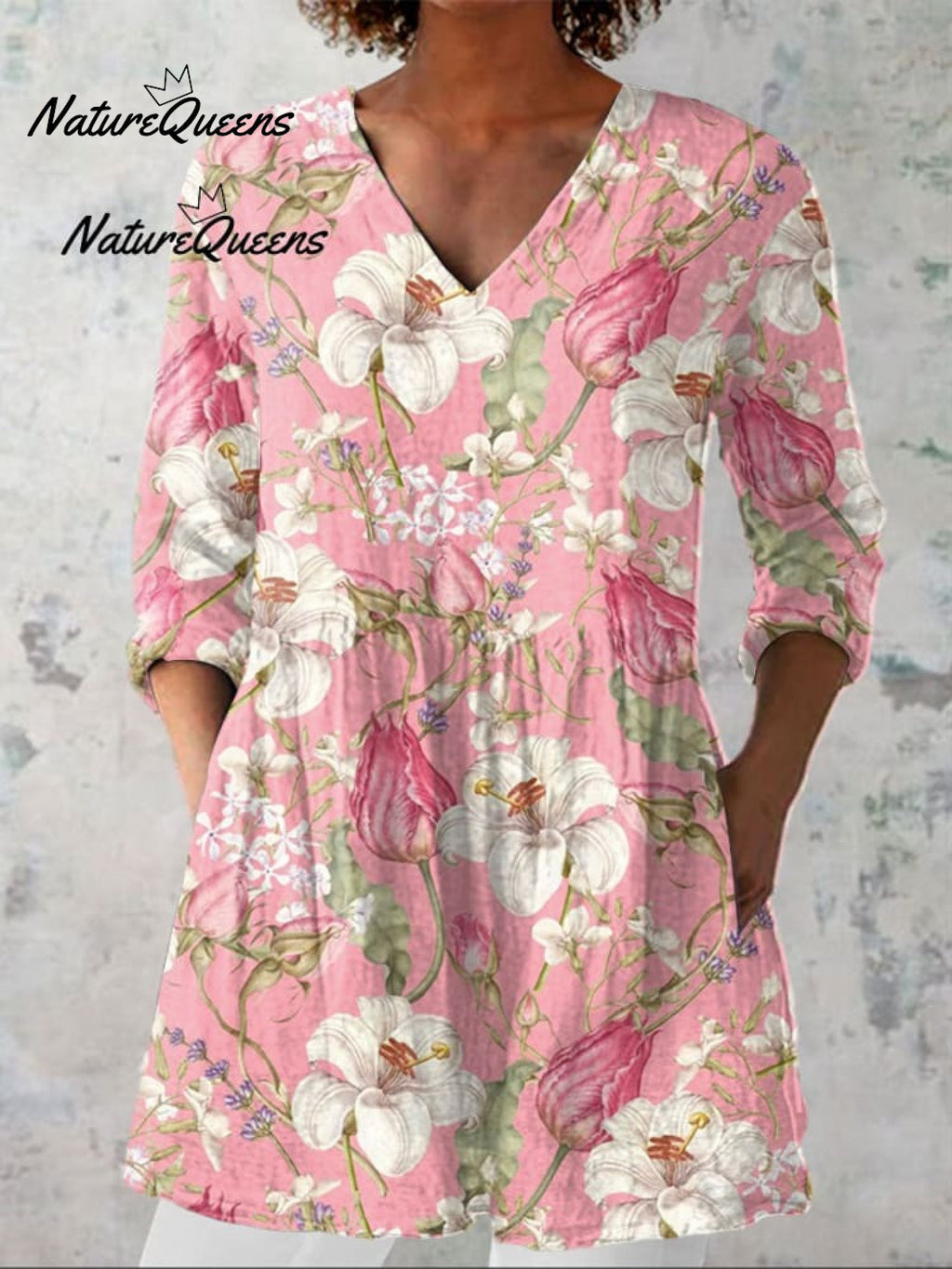 Damen Vintage Floral Kunst Druck Lässiges Leinen V-Ausschnitt Shirt