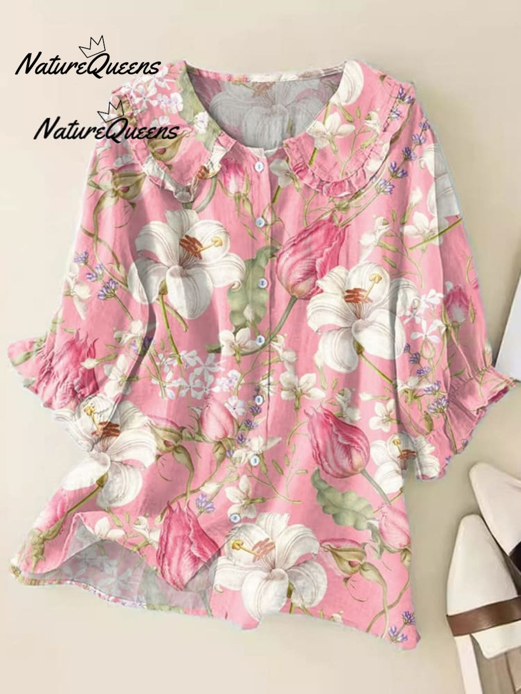 Damen Vintage Floral Kunst Druck Lässiges Leinen V-Ausschnitt Shirt