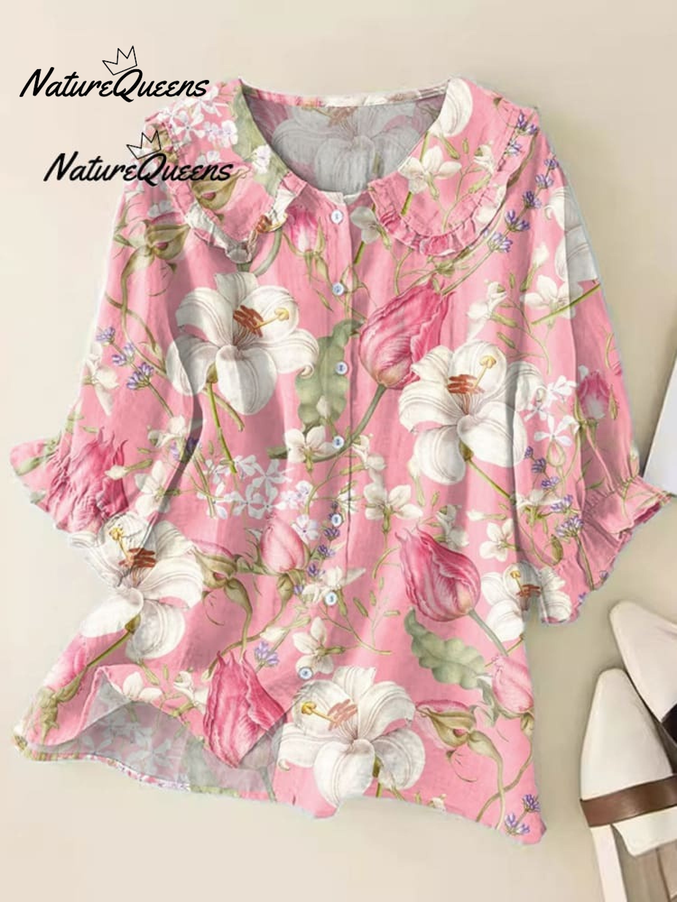 Damen Vintage Floral Kunst Druck Lässiges Leinen V-Ausschnitt Shirt