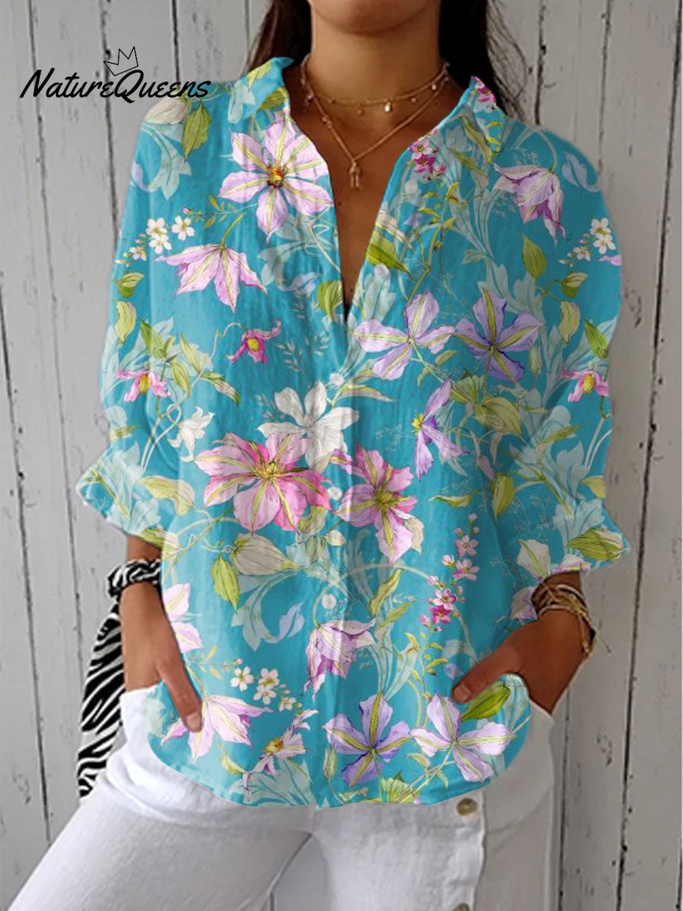 Damen Vintage Blumen Kunstdruck Lässiges Leinen V-Ausschnitt Shirt