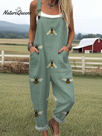 Damen Lustiger Bienen Kunstdruck Lässiger 100% Baumwolle Weitbeiniger Jumpsuit