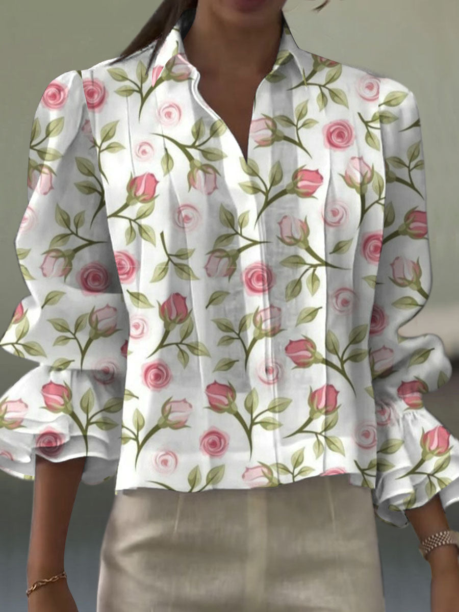 Damen Vintage Blumen Kunst Druck Lässiges Kurzarm Baumwoll- und Leinenhemd