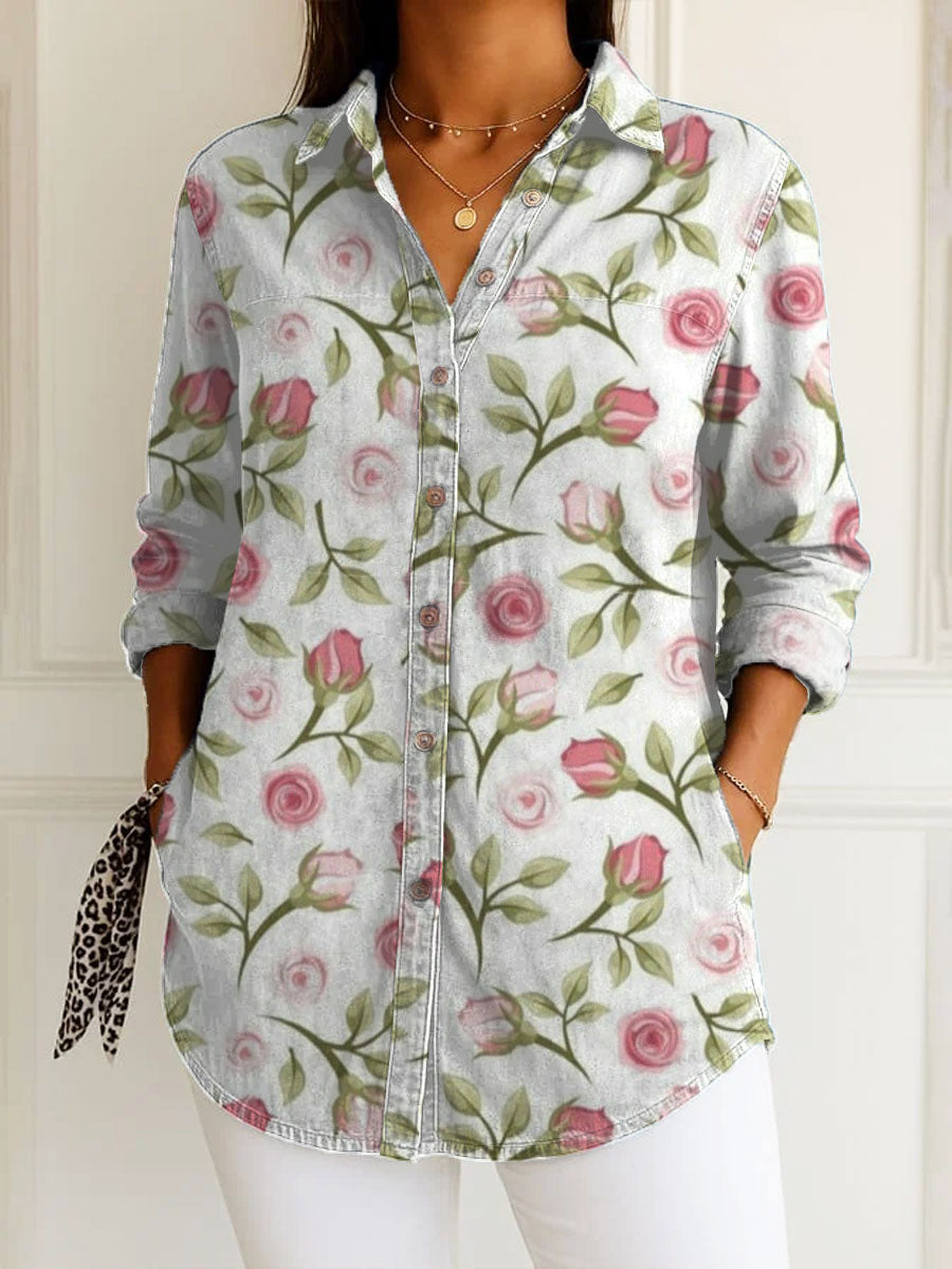 Damen Vintage Blumen Kunst Druck Freizeit Baumwollshirt