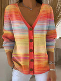 Herbst Gradient Gestreifter Vintage Kunstdruck Knopf-V-Ausschnitt Cardigan Pullover