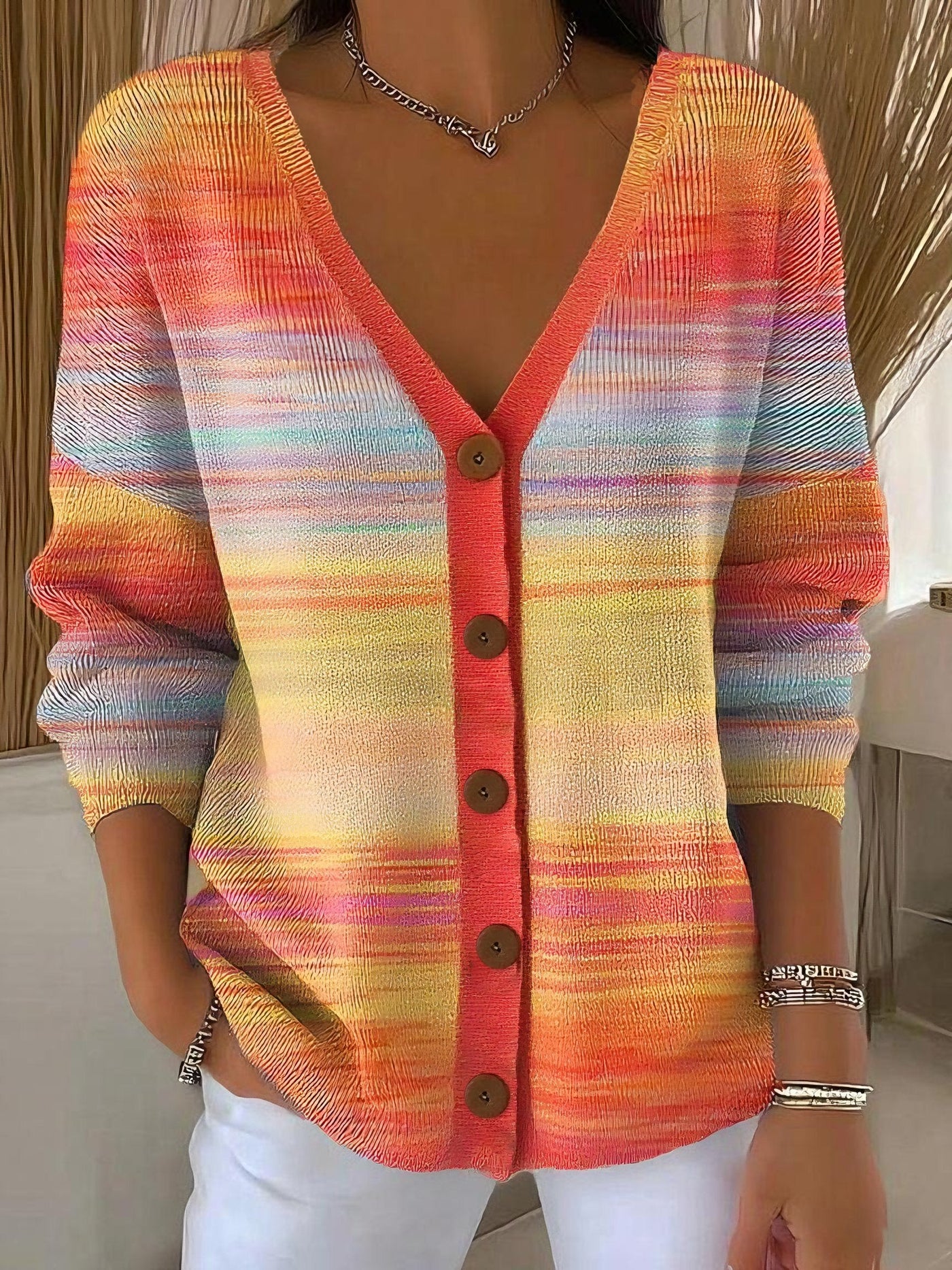 Herbst Gradient Gestreifter Vintage Kunstdruck Knopf-V-Ausschnitt Cardigan Pullover