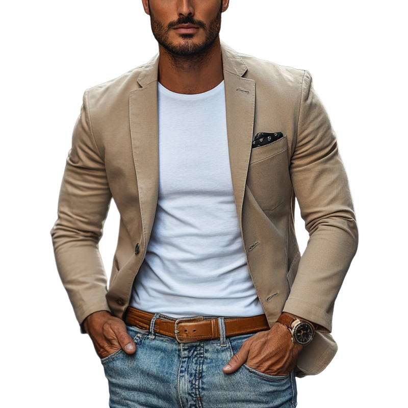 Herren Casual Atmungsaktiver Baumwoll-Blazer mit Revers, Einreiher, Slim Fit