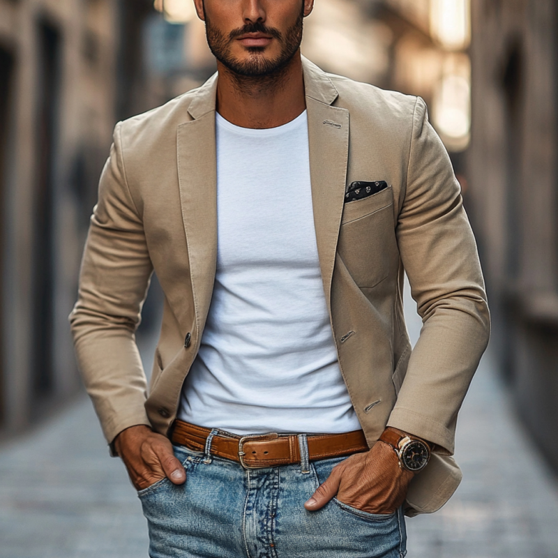 Herren Casual Atmungsaktiver Baumwoll-Blazer mit Revers, Einreiher, Slim Fit
