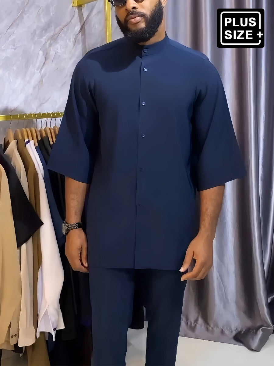 Plus Size Einfarbiges Herren-Hosen-Set mit Halblangen Ärmeln