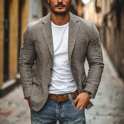 Herren Freizeit Blazer aus Baumwolle-Leinen mit Revers, einreihig, Slim-Fit