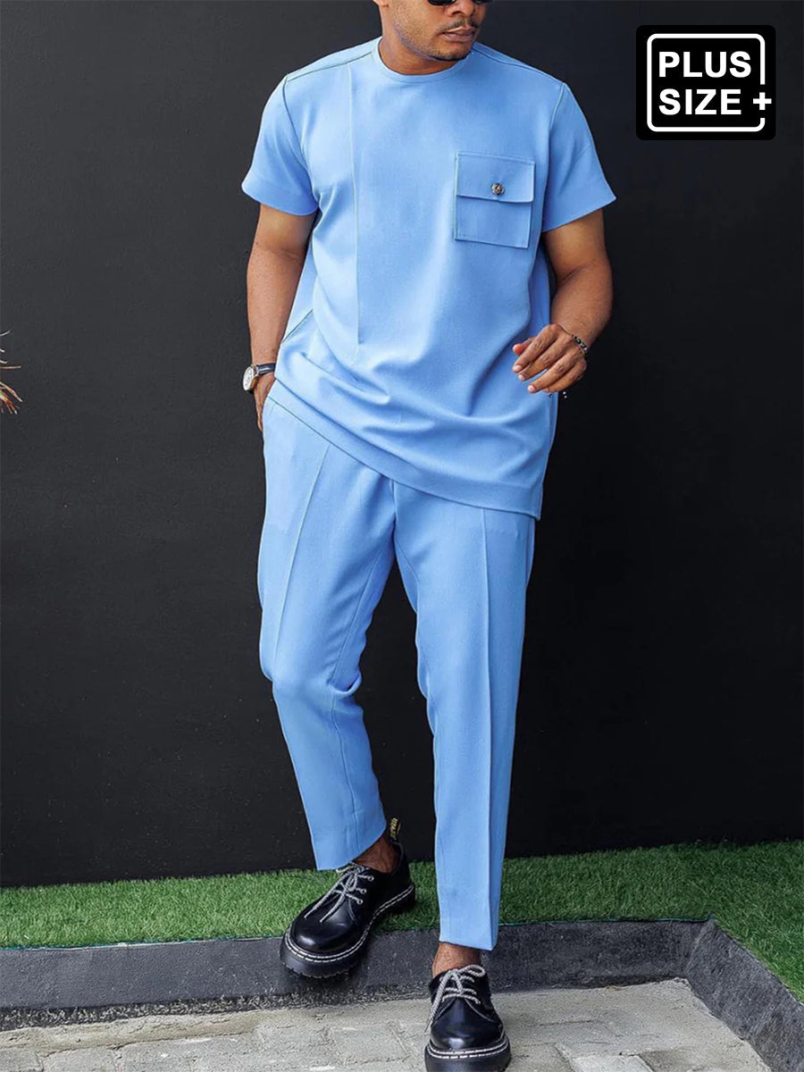Plus Size Blau Kurzarm Herren Set