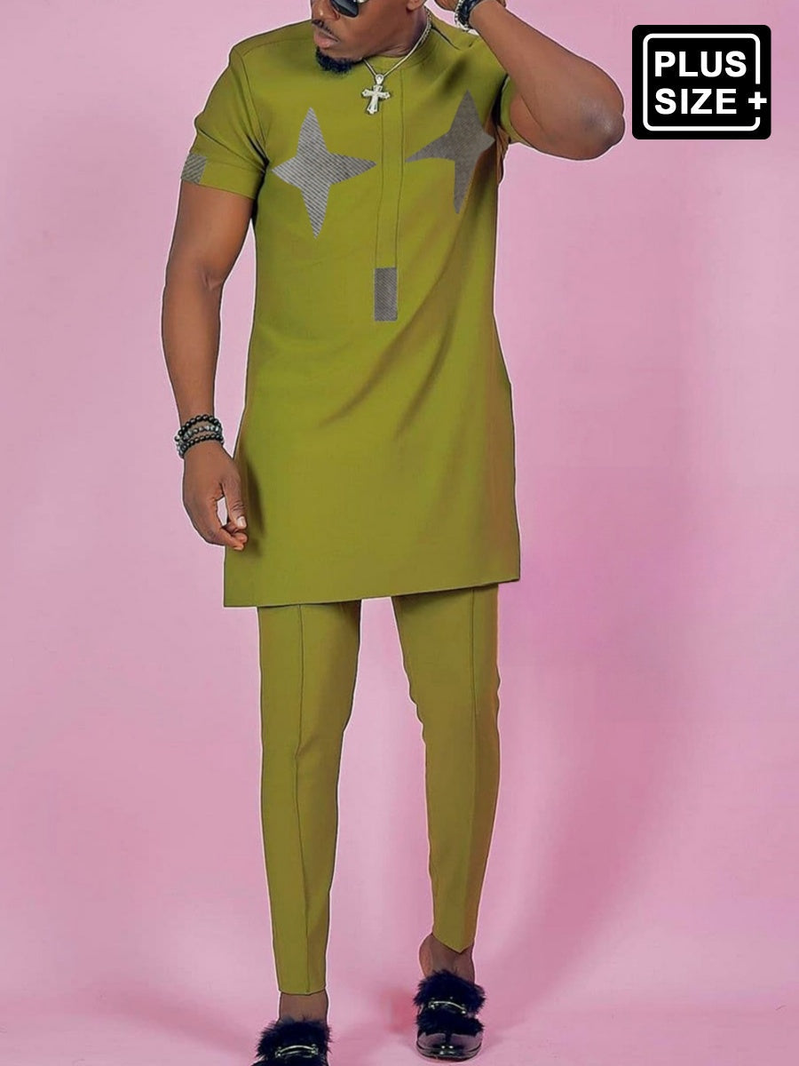 Plus Size Kurzarm Grünes Besticktes Set