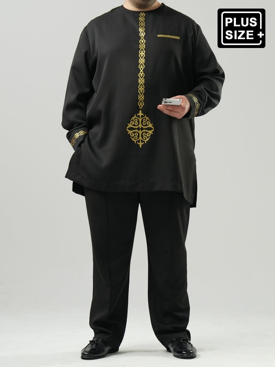 Plus-Size Digital Bedrucktes Schwarzes Langarm Herren Set