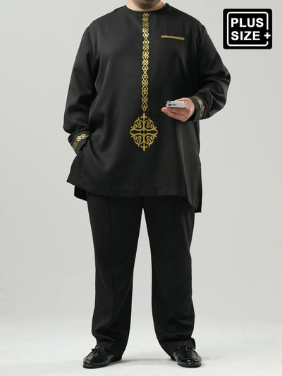 Plus-Size Digital Bedrucktes Schwarzes Langarm Herren Set