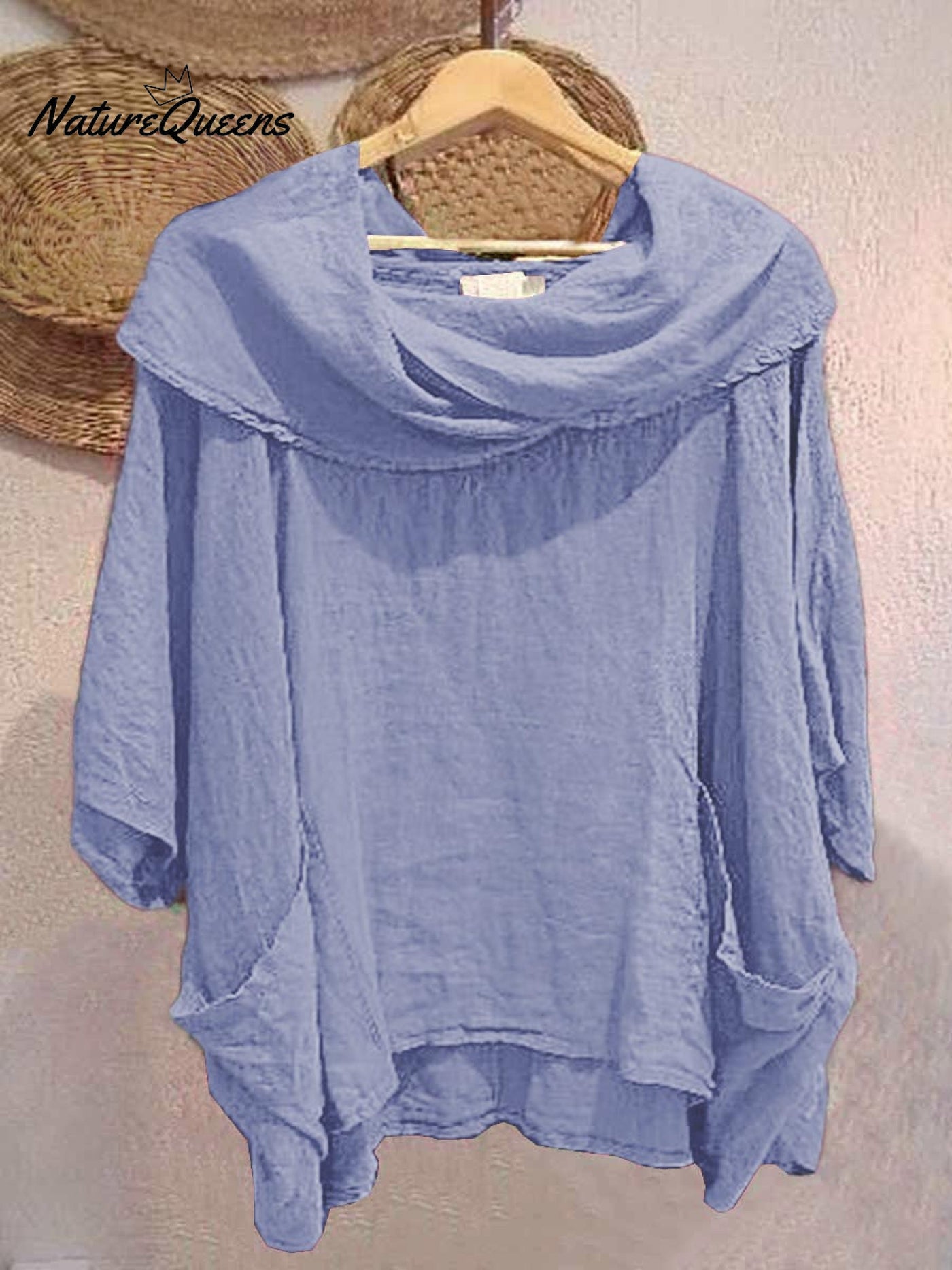 Damen Oberteil mit Drapé-Ausschnitt und 3/4-Ärmeln, bequem und lässig, aus Leinen mit Taschen