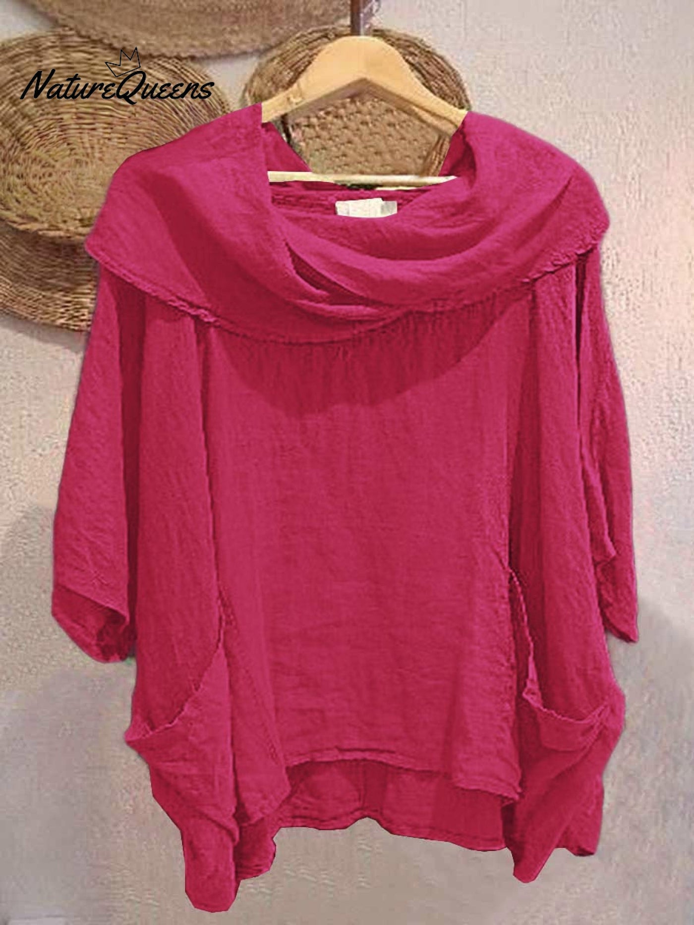 Damen Oberteil mit Drapé-Ausschnitt und 3/4-Ärmeln, bequem und lässig, aus Leinen mit Taschen