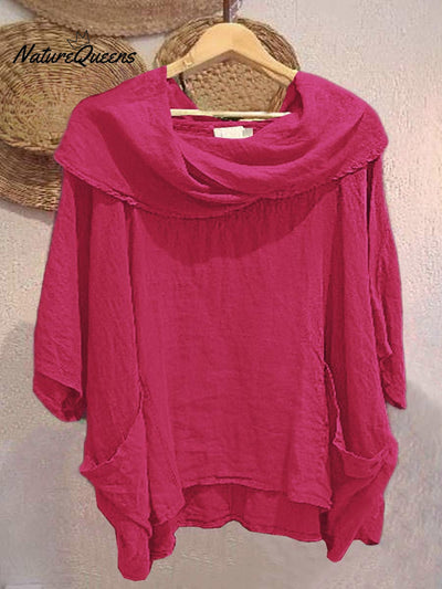Damen Oberteil mit Drapé-Ausschnitt und 3/4-Ärmeln, bequem und lässig, aus Leinen mit Taschen