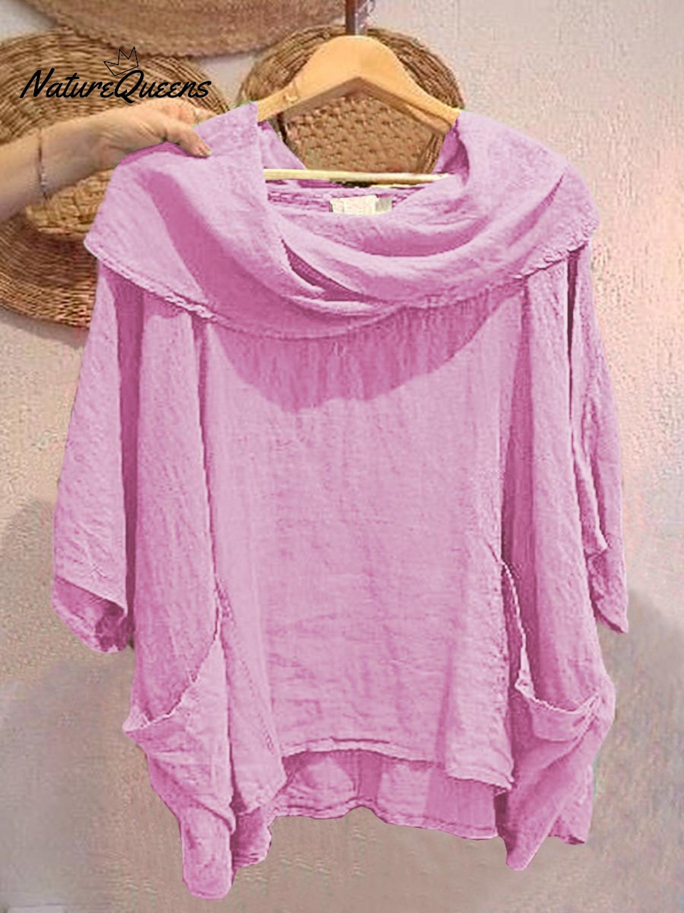 Damen Oberteil mit Drapé-Ausschnitt und 3/4-Ärmeln, bequem und lässig, aus Leinen mit Taschen