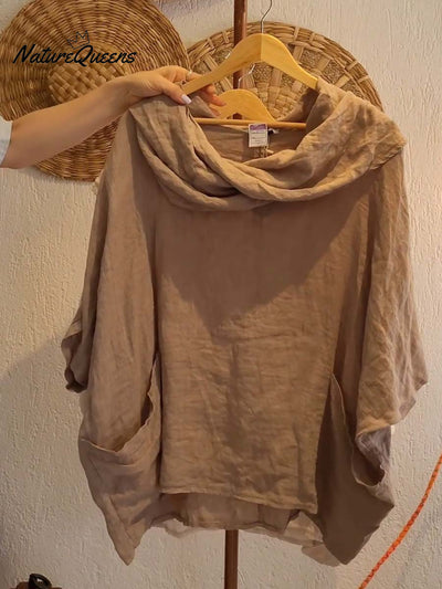 Damen Oberteil mit Drapé-Ausschnitt und 3/4-Ärmeln, bequem und lässig, aus Leinen mit Taschen