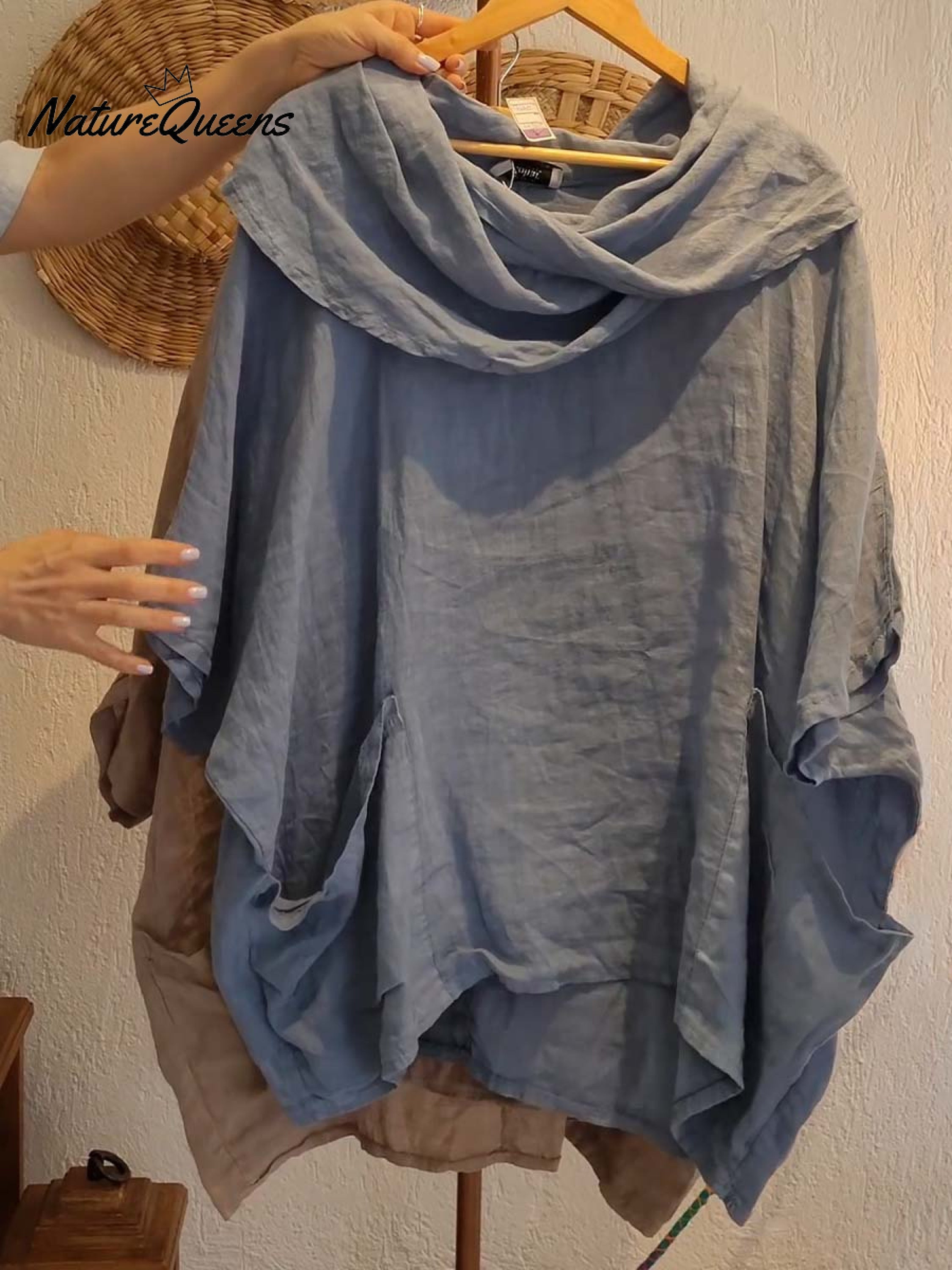 Damen Oberteil mit Drapé-Ausschnitt und 3/4-Ärmeln, bequem und lässig, aus Leinen mit Taschen