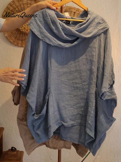 Damen Oberteil mit Drapé-Ausschnitt und 3/4-Ärmeln, bequem und lässig, aus Leinen mit Taschen