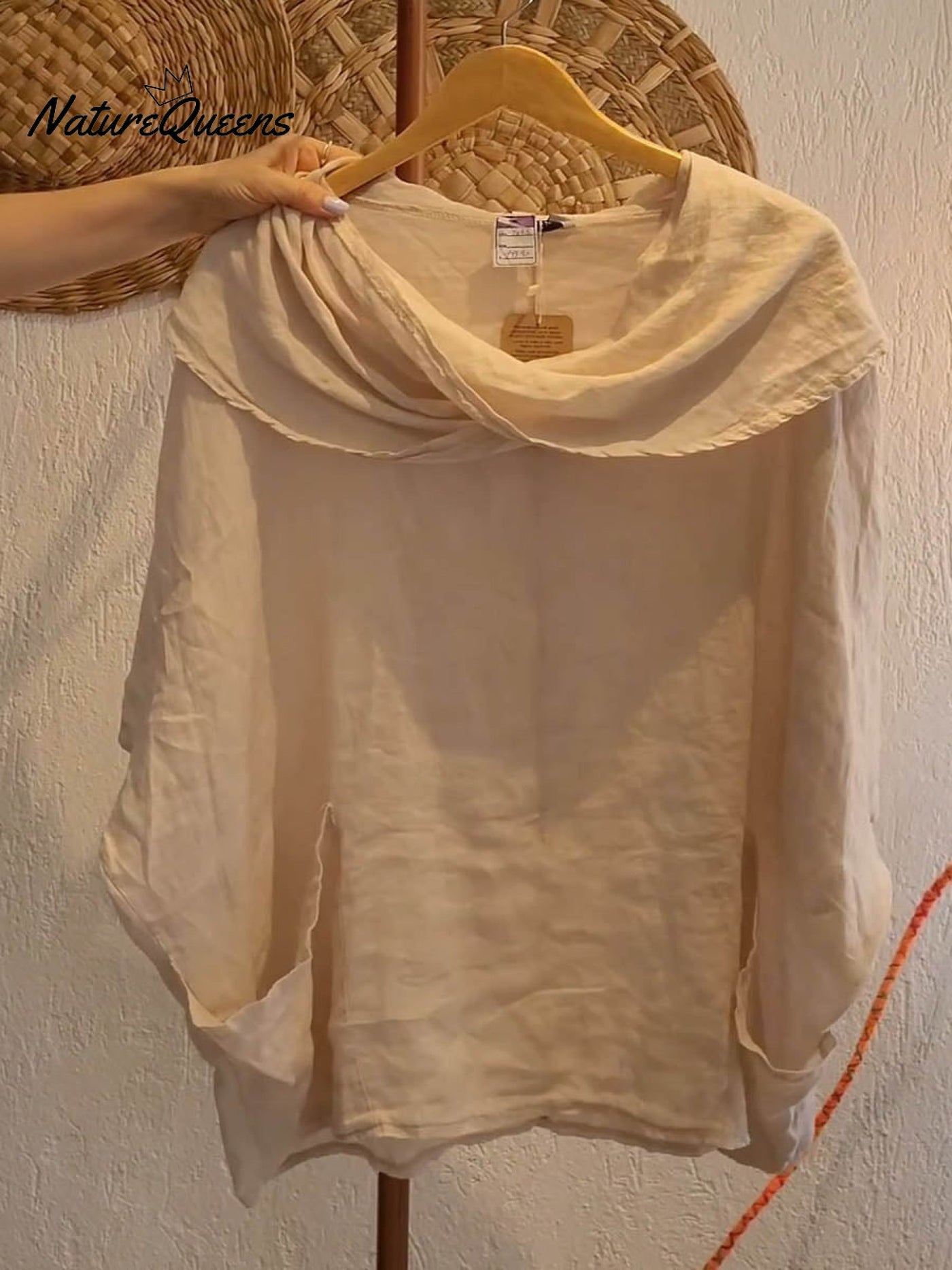 Damen Oberteil mit Drapé-Ausschnitt und 3/4-Ärmeln, bequem und lässig, aus Leinen mit Taschen