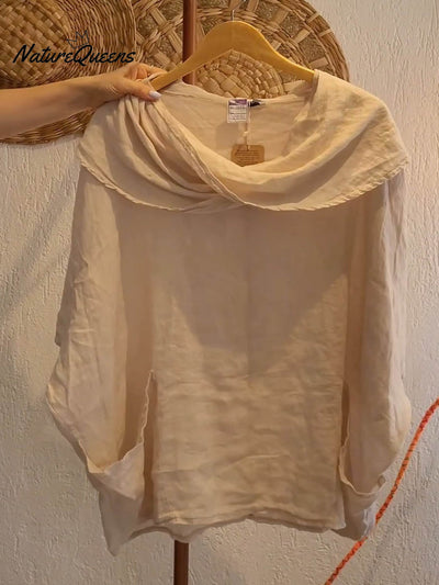 Damen Oberteil mit Drapé-Ausschnitt und 3/4-Ärmeln, bequem und lässig, aus Leinen mit Taschen