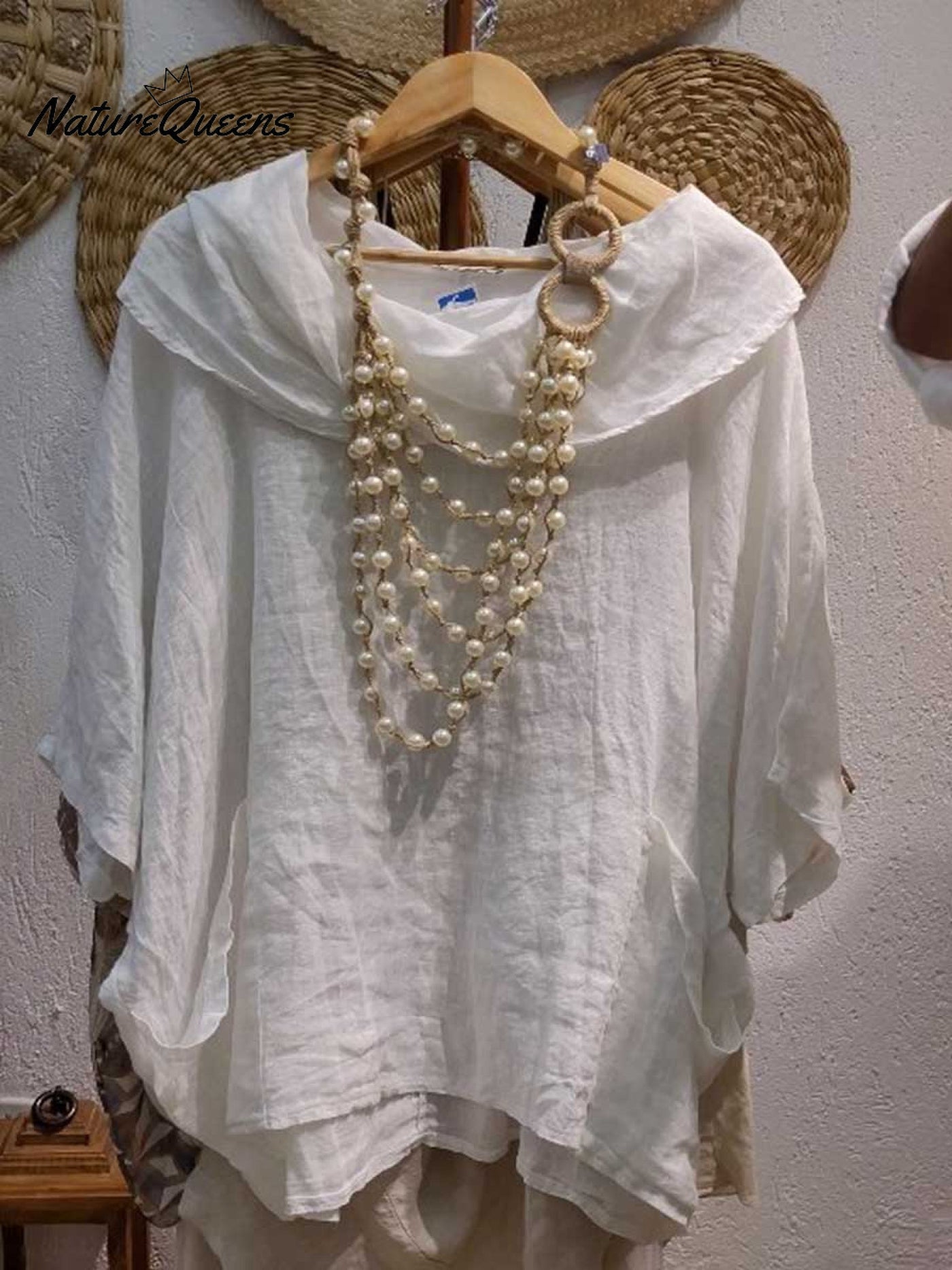 Damen Oberteil mit Drapé-Ausschnitt und 3/4-Ärmeln, bequem und lässig, aus Leinen mit Taschen