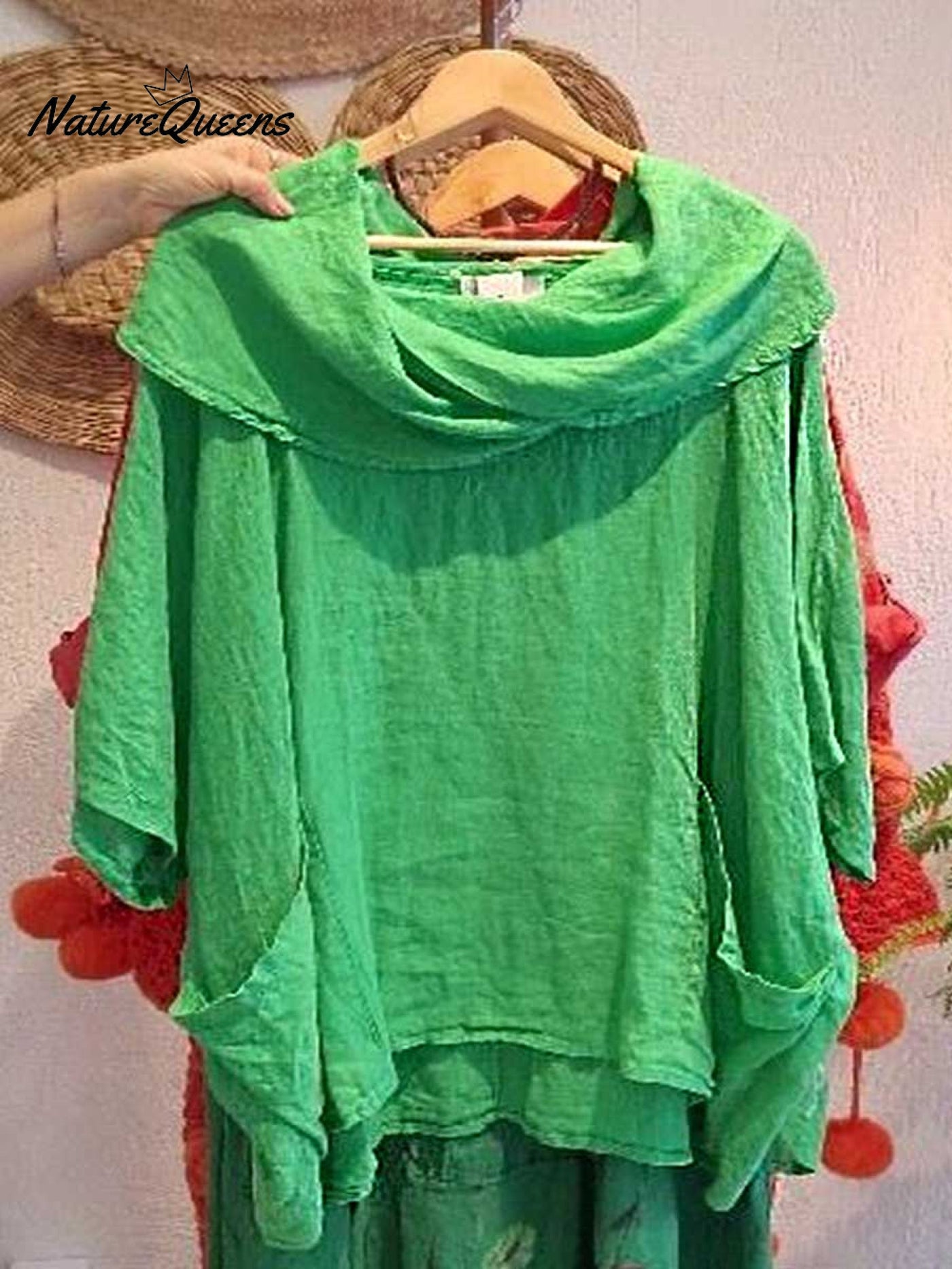 Damen Oberteil mit Drapé-Ausschnitt und 3/4-Ärmeln, bequem und lässig, aus Leinen mit Taschen