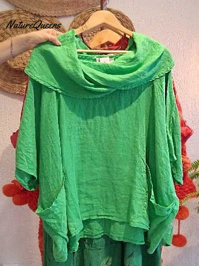 Damen Oberteil mit Drapé-Ausschnitt und 3/4-Ärmeln, bequem und lässig, aus Leinen mit Taschen