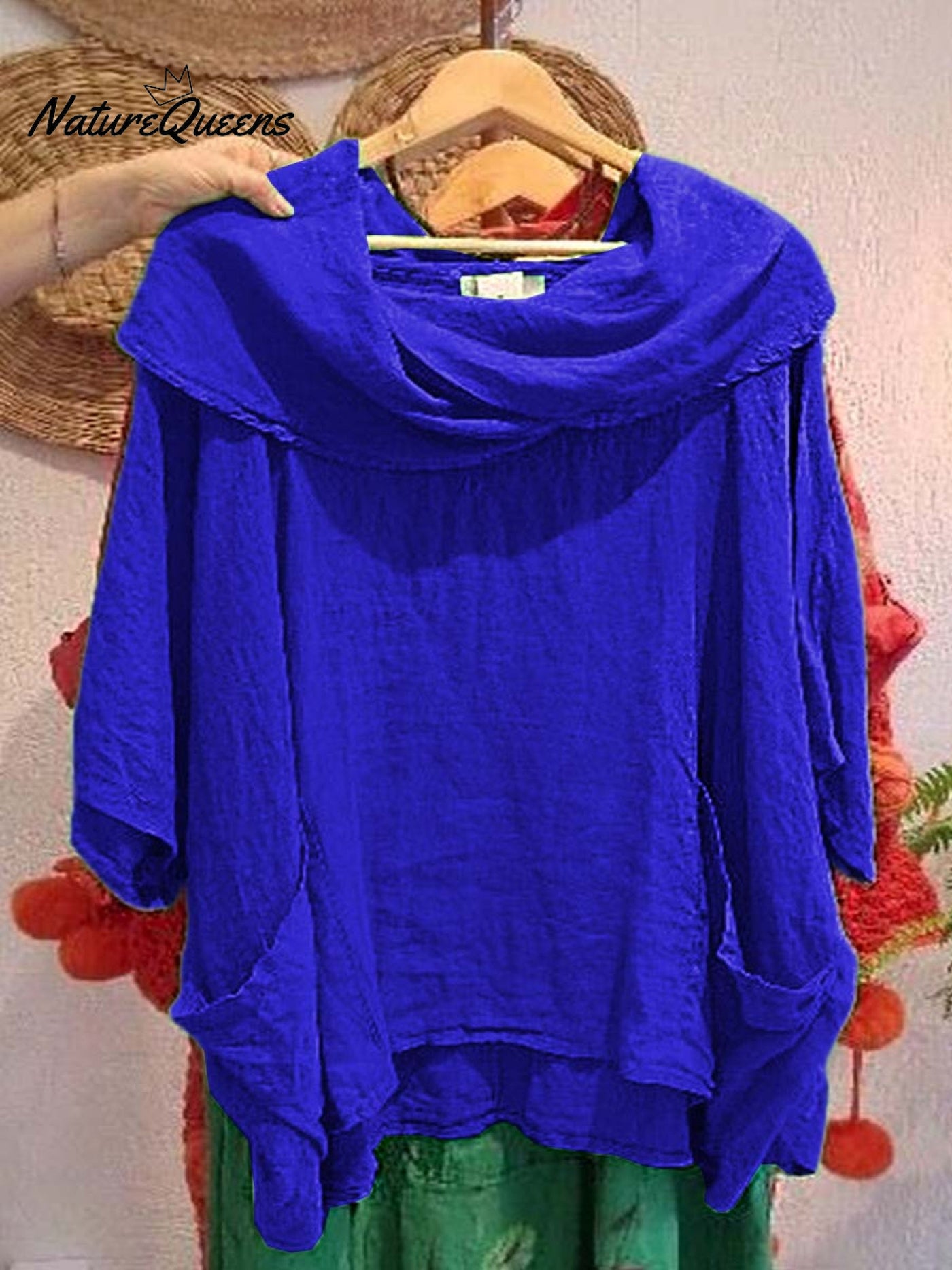 Damen Oberteil mit Drapé-Ausschnitt und 3/4-Ärmeln, bequem und lässig, aus Leinen mit Taschen