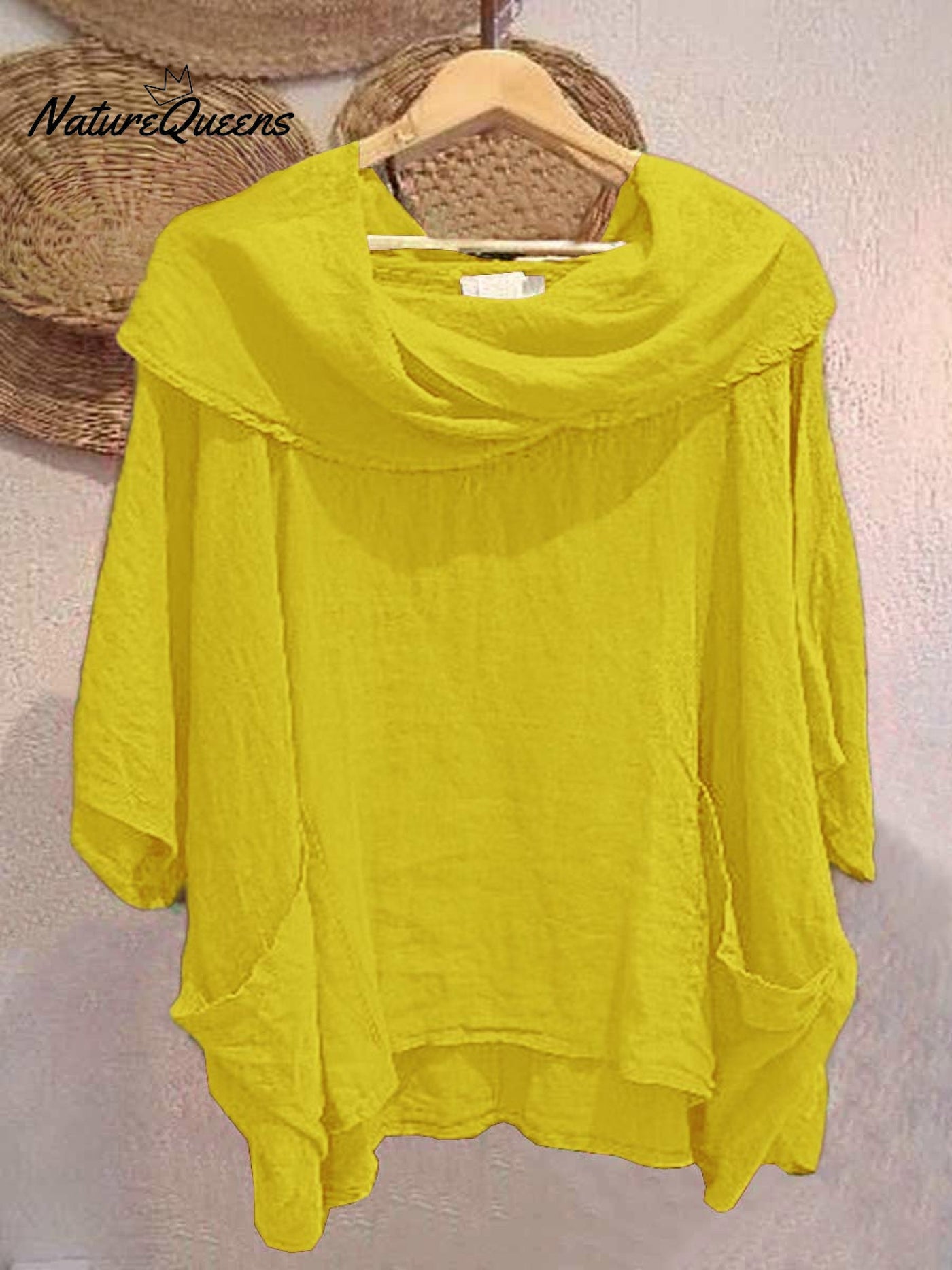 Damen Oberteil mit Drapé-Ausschnitt und 3/4-Ärmeln, bequem und lässig, aus Leinen mit Taschen