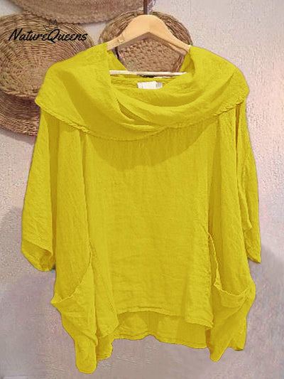 Damen Oberteil mit Drapé-Ausschnitt und 3/4-Ärmeln, bequem und lässig, aus Leinen mit Taschen