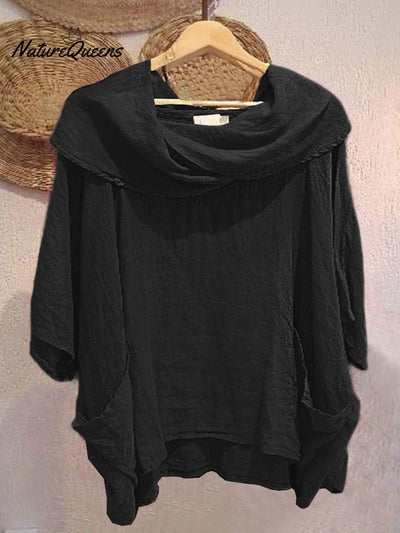 Damen Oberteil mit Drapé-Ausschnitt und 3/4-Ärmeln, bequem und lässig, aus Leinen mit Taschen