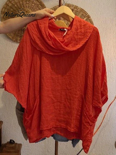 Damen Oberteil mit Drapé-Ausschnitt und 3/4-Ärmeln, bequem und lässig, aus Leinen mit Taschen