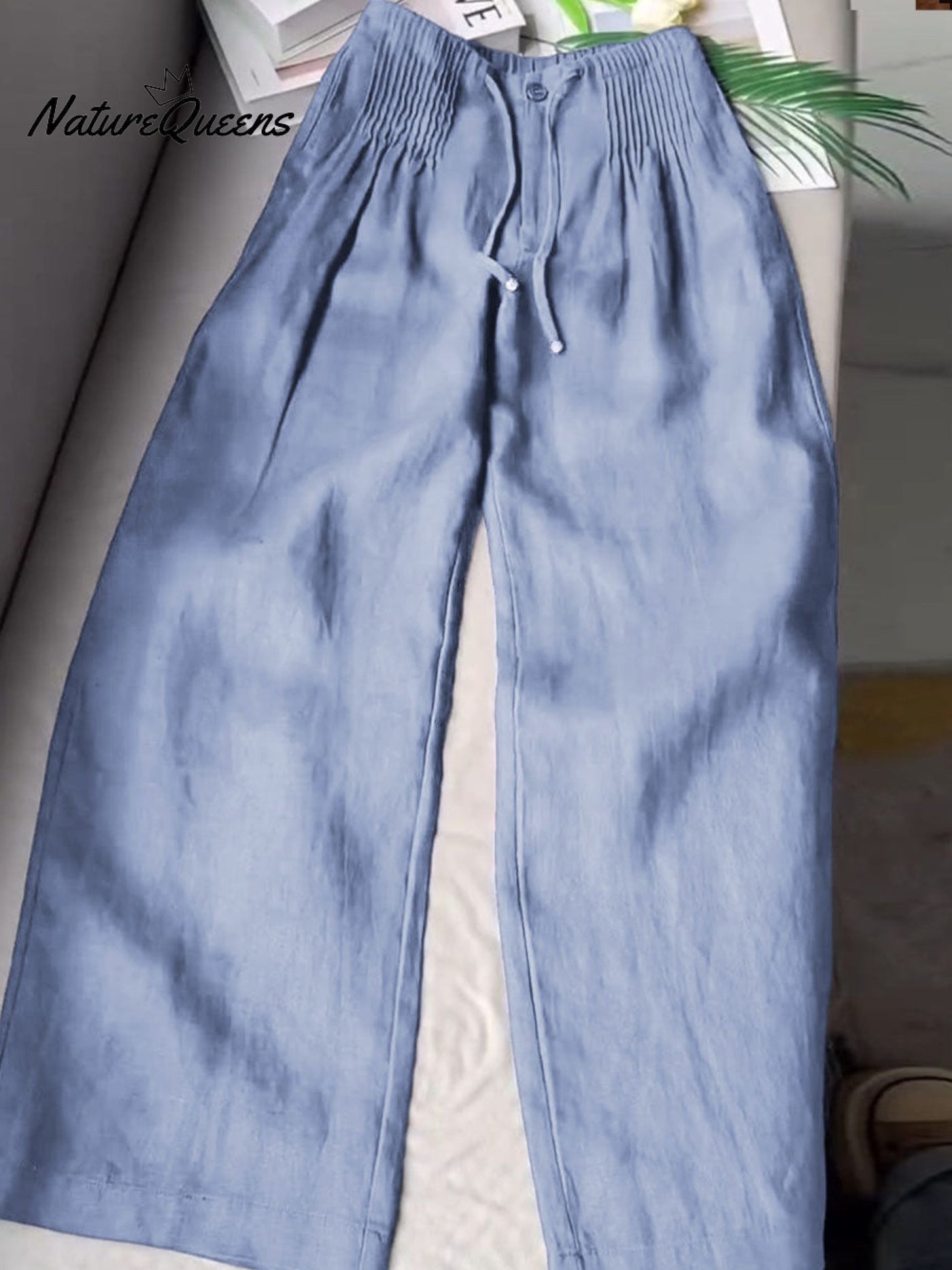 🔥Zeitlich begrenzte Aktion Frauen Einfarbige Faltenhose mit Kordelzug, lässige Baumwoll- und Leinenweite Hosen