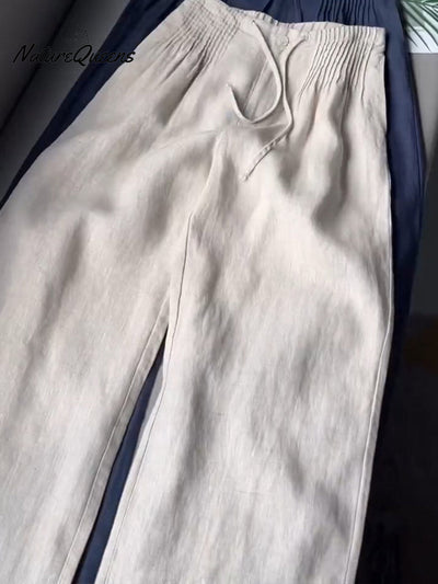 🔥Zeitlich begrenzte Aktion Frauen Einfarbige Faltenhose mit Kordelzug, lässige Baumwoll- und Leinenweite Hosen