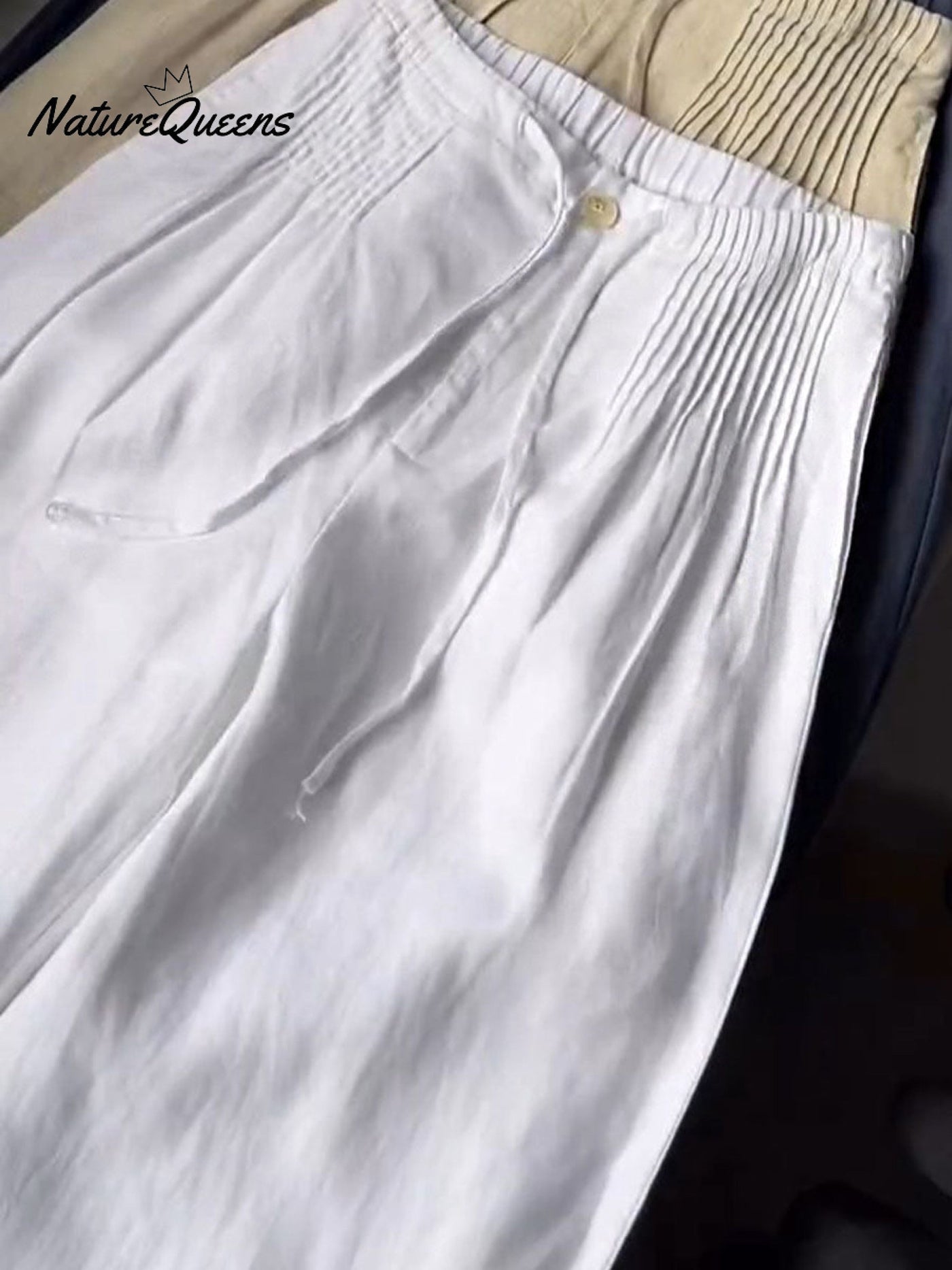 🔥Zeitlich begrenzte Aktion Frauen Einfarbige Faltenhose mit Kordelzug, lässige Baumwoll- und Leinenweite Hosen