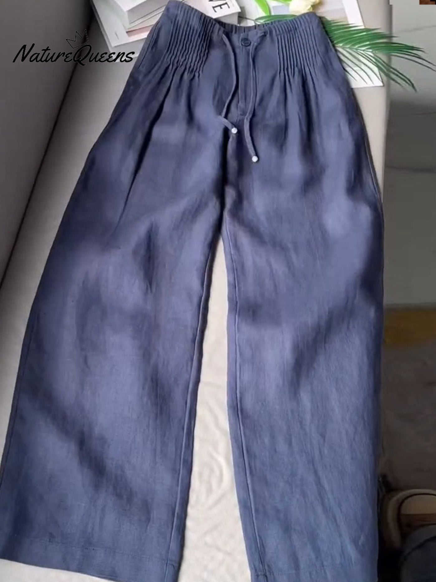 🔥Zeitlich begrenzte Aktion Frauen Einfarbige Faltenhose mit Kordelzug, lässige Baumwoll- und Leinenweite Hosen