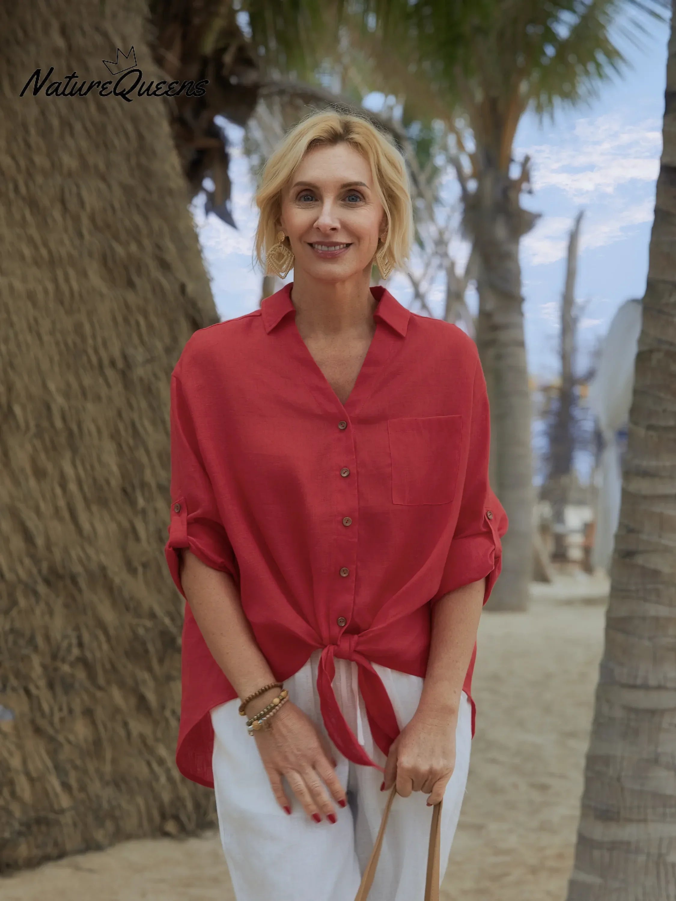 Damen Leinen-Baumwoll-Mischung V-Ausschnitt 3/4 Ärmel Lässiger Knoten Cardigan Top