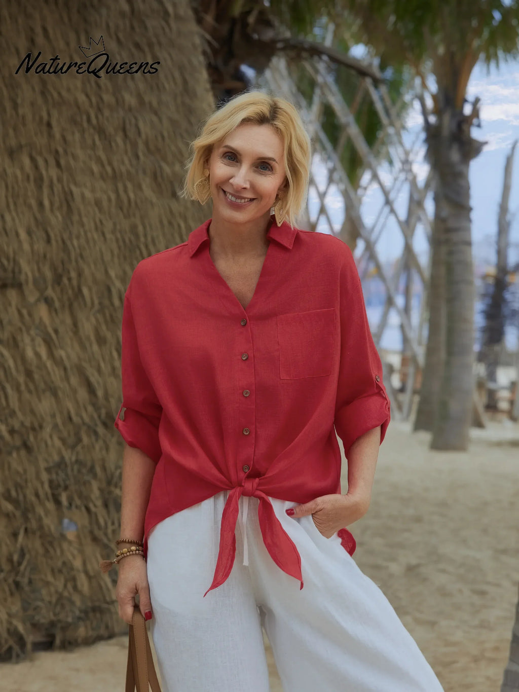 Damen Leinen-Baumwoll-Mischung V-Ausschnitt 3/4 Ärmel Lässiger Knoten Cardigan Top