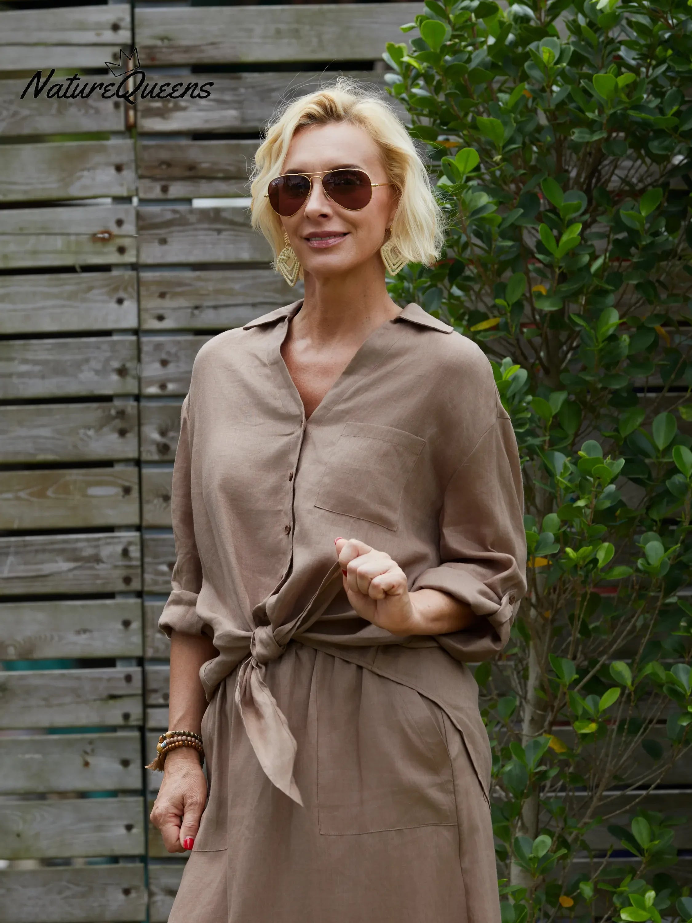 Damen Leinen-Baumwoll-Mischung V-Ausschnitt 3/4 Ärmel Lässiger Knoten Cardigan Top