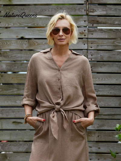 100% Leinen und Baumwolle Damen Unifarben V-Ausschnitt 3/4 Ärmel Lässiger Knoten Leinen Cardigan Top